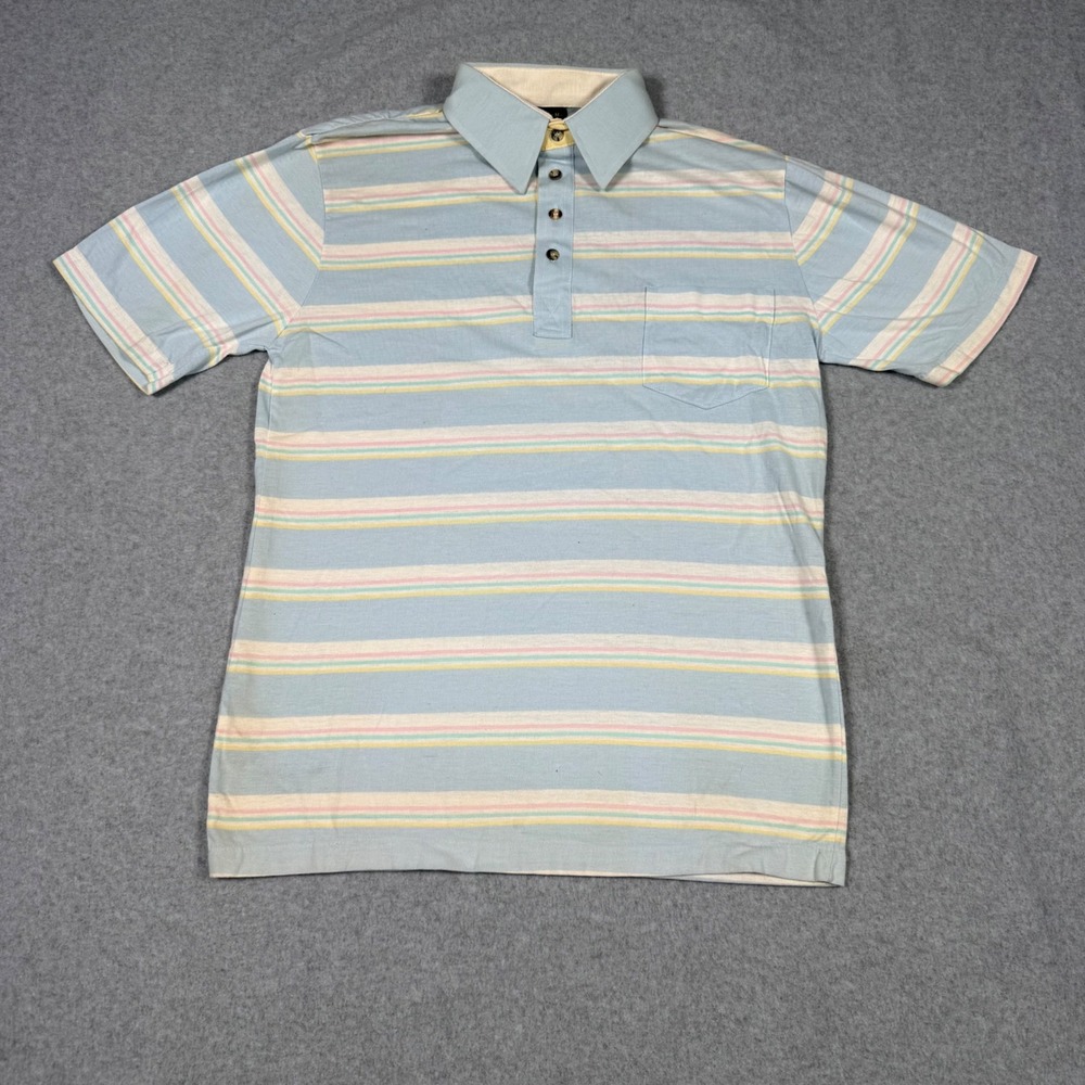 Vintage 80s Chip Beck Mens Pastel Striped Polo Shirt Blue Pink Yellow Medium